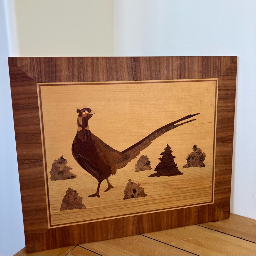 Pheasant Bird Wooden Marquetry Wall Hanging Inlay Wood Picture Signed Large19.5"